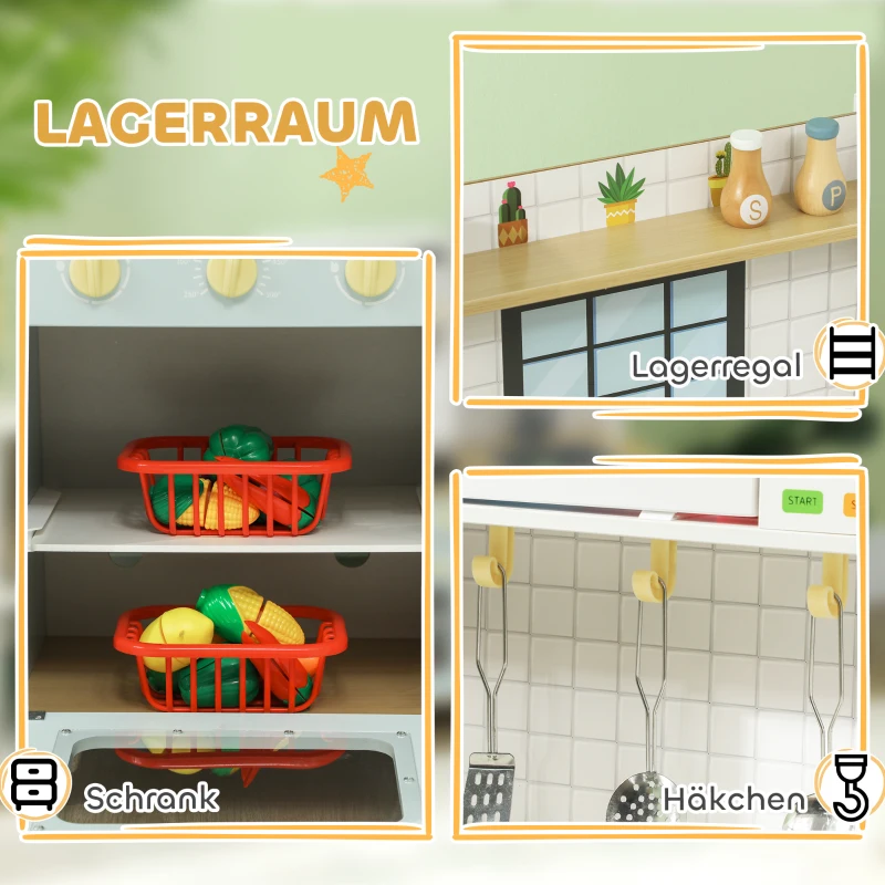AIYAPLAY Spielküchen-Set, Kinderküche zum Spielen mit Mikrowelle, Herd und Backofen, Kochutensilien, MDF, Edelstahl, Blau(m-6)