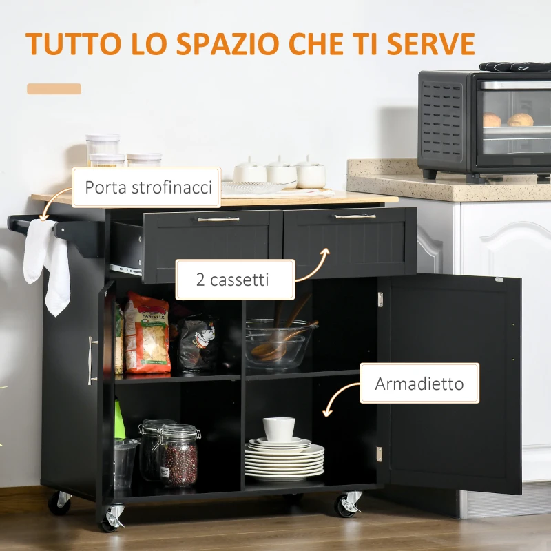 HOMCOM Carrello da Cucina Multiuso in Legno con 2 Cassetti, Armadietto e 4 Ruote, 104x46x91cm, Nero