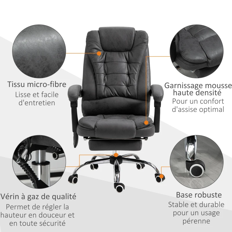 Vinsetto Fauteuil de bureau massant chauffant hauteur réglable dossier inclinable repose-pied + coussin lombaires intégrés
