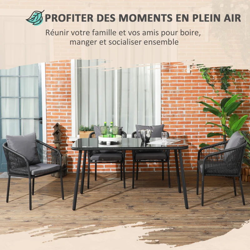 Outsunny Salon de Jardin 4 personnes en rotin PE avec chaises empilables et coussins, plateau en verre trempé cadre en aluminium