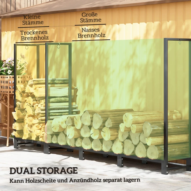 Outsunny Feuerholzgestell, zwei Abschnitte, rostfreier Stahlrahmen, bis 300 kg, 240 x 32 x 115 cm, Schwarz