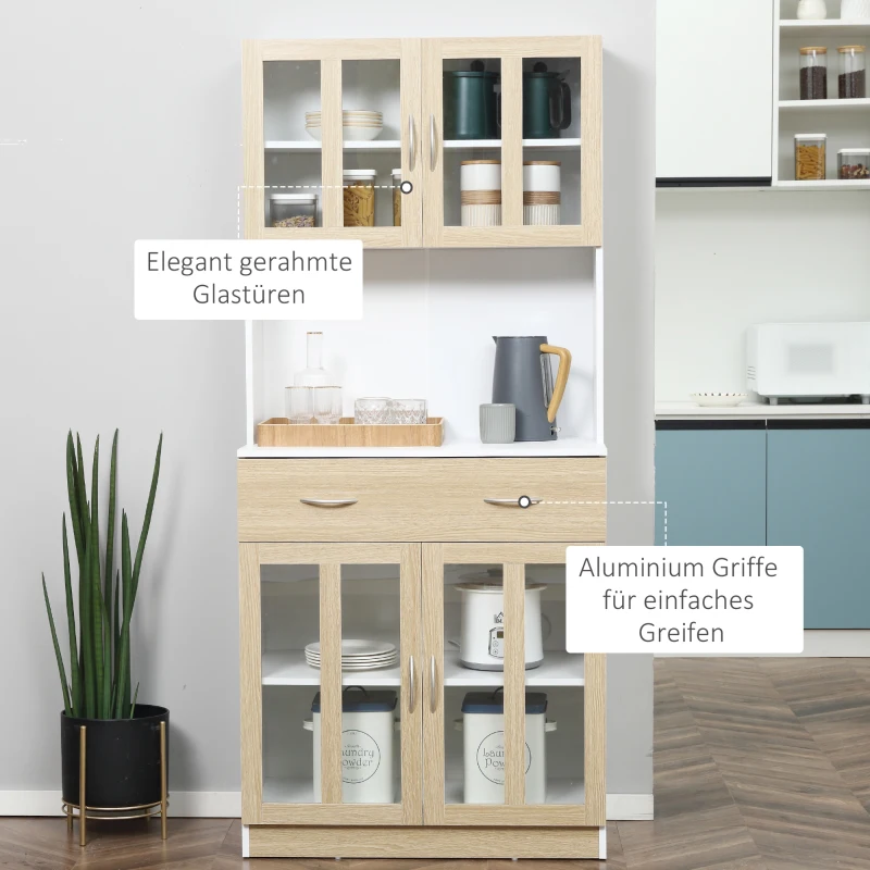 HOMCOM Küchenschrank Hochschrank Küchenbuffet mit Glastüren Geschirrschrank Esszimmerschrank mit 2 Schubladen und 2 Schränken Weiß+Natur 80 x 40 x 180 cm