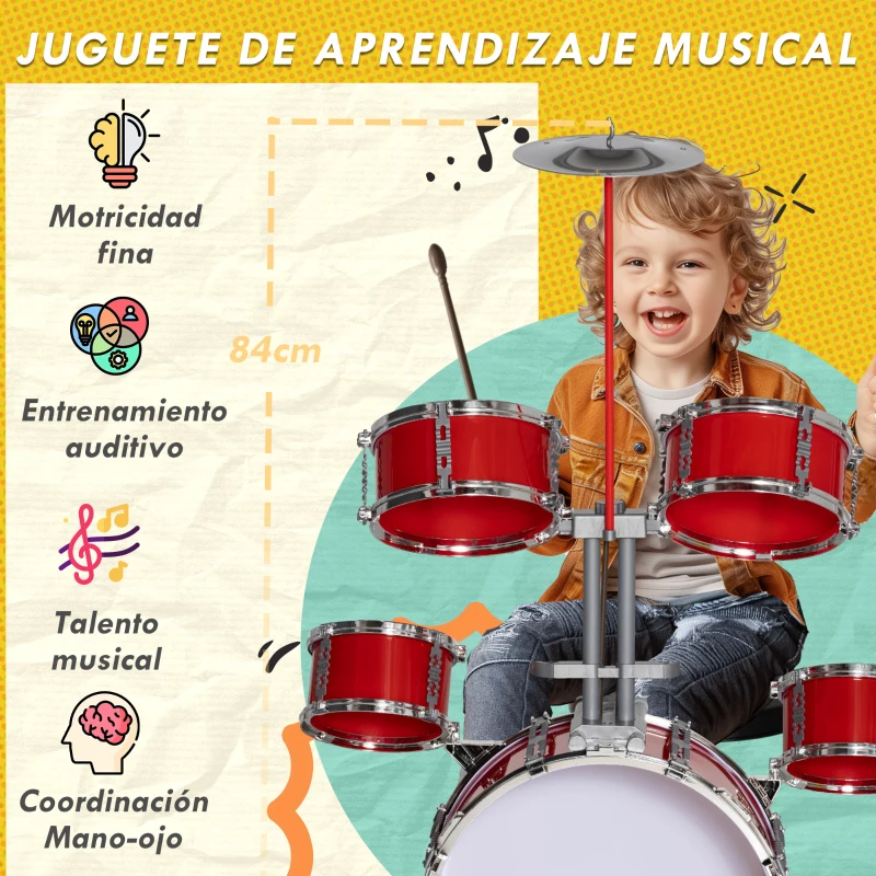 AIYAPLAY Batería para Niños de +3 Años con Tambores Bombo Platillo Pedal y Baquetas 68,5x37x84 cm Rojo