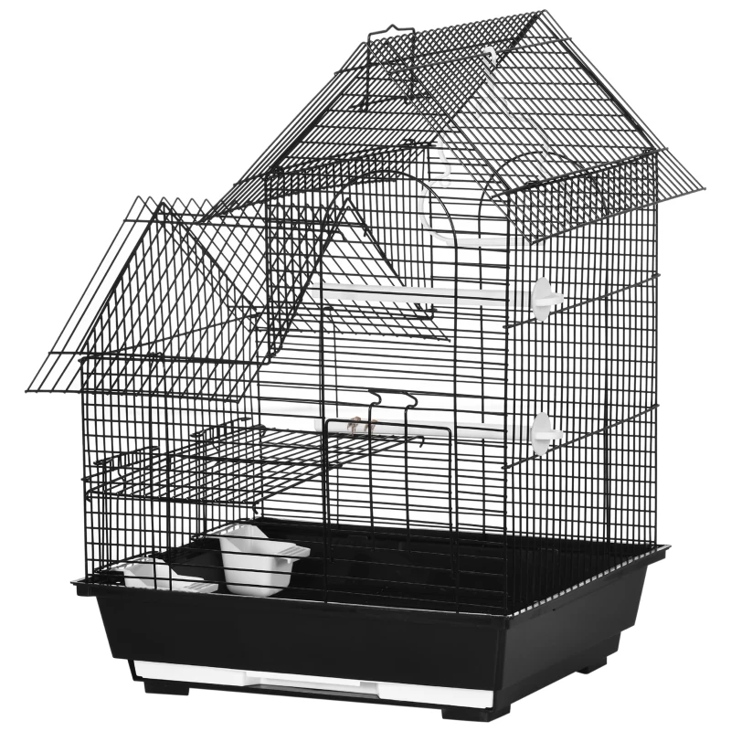 PawHut Cage à oiseaux design maison mangeoires perchoirs balançoire 2 portes plateau excrément amovible + poignée transport métal noir
