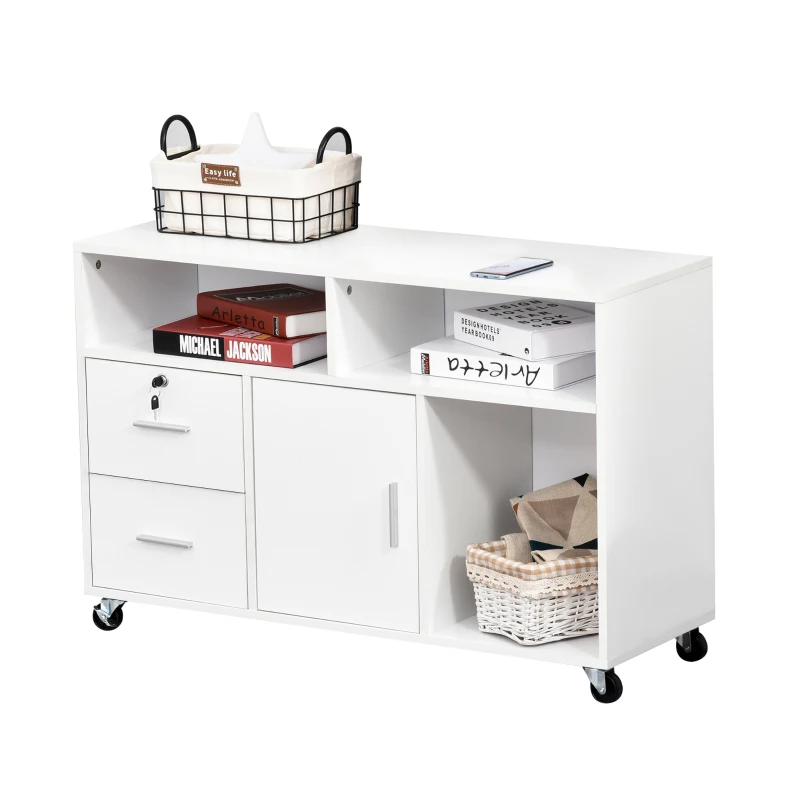 HOMCOM Bürocontainer mit Rollen, Aktenschrank, Büroschrank, Sideboard, Badezimmerschrank für Büro, Küche, Schlafzimmer, Wohnzimmer Spanplatte, Weiß, 100 x 35 x 65 cm