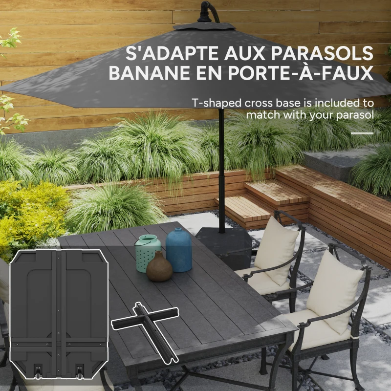 Outsunny Pied de parasol déporté à remplir 90L en plastique avec pied en croix, 2 roulettes et poignée, dim. 80L x 60l x 20H cm