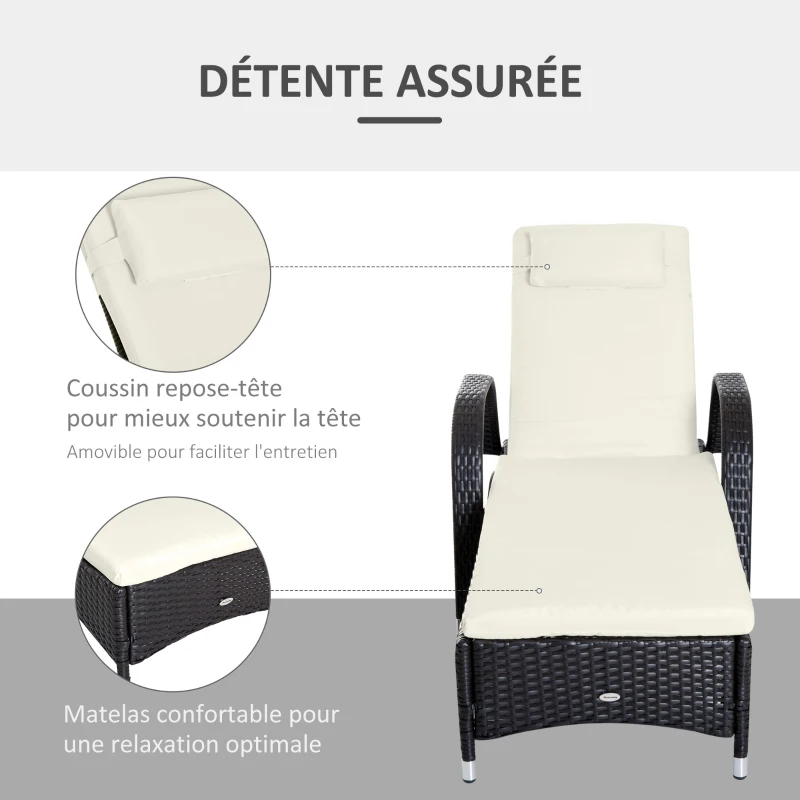 Outsunny Transat bain de soleil grand confort : matelas, têtière, inclinaison réglable multipositions, accoudoirs, roulettes résine tressée marron foncé