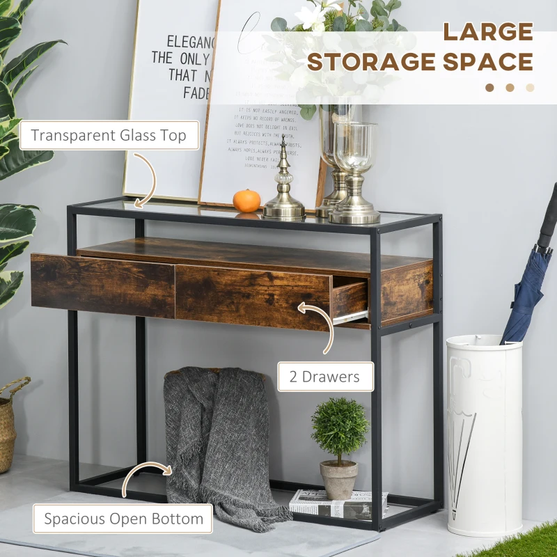 HOMCOM Entryway Console Table, Industrial Style Sofa Table with Drawers,Tempered Glass Top,Robust Steel Frame, Easy Assembly, for Living Room, Hallway, Rustic Brown and Black
