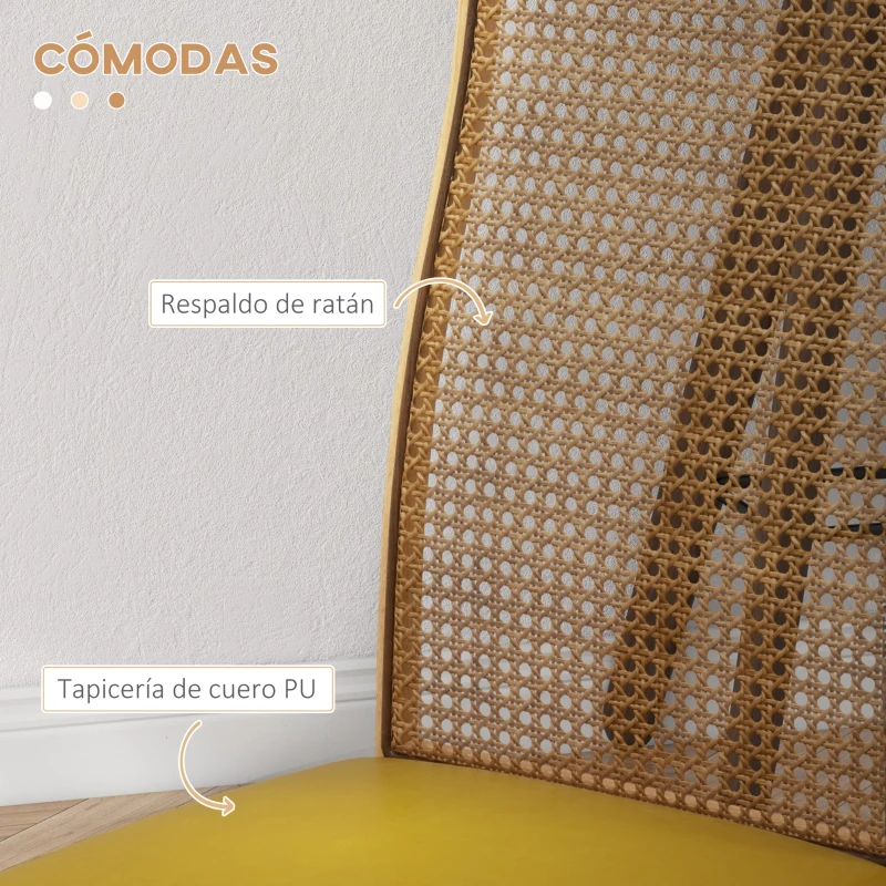 HOMCOM Juego de 2 Sillas de Comedor con Respaldo de Ratán PE Asiento Tapizado de Cuero PU y Patas de Acero 40x50x97 cm Ocre