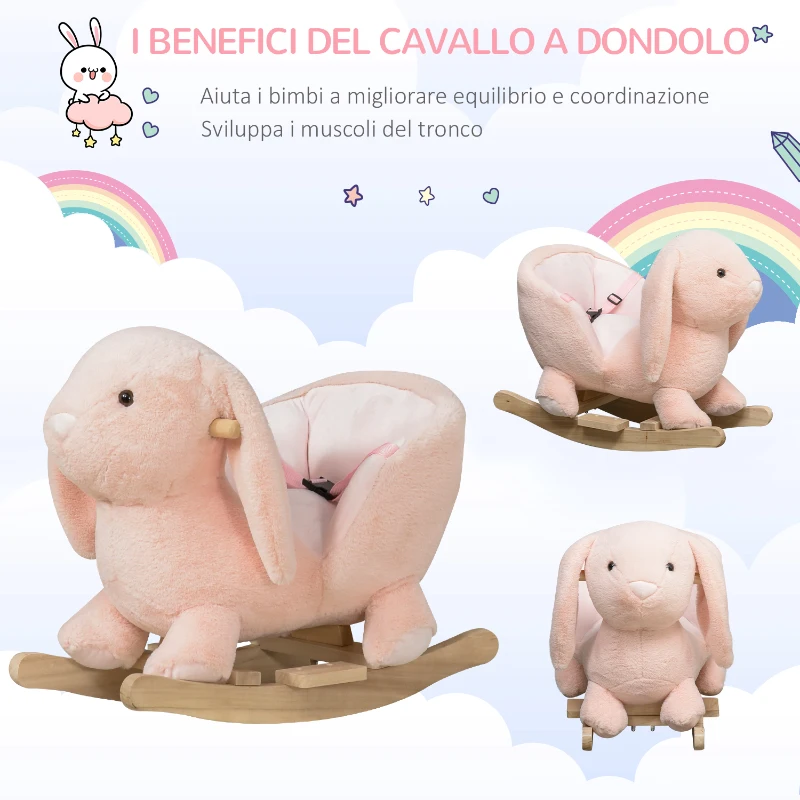 HOMCOM Cavallo a Dondolo a Forma di Coniglio con Suoni, Cavalluccio a Dondolo per Bambini 18-36 Mesi Interattivo, Rosa, 60x33x50cm