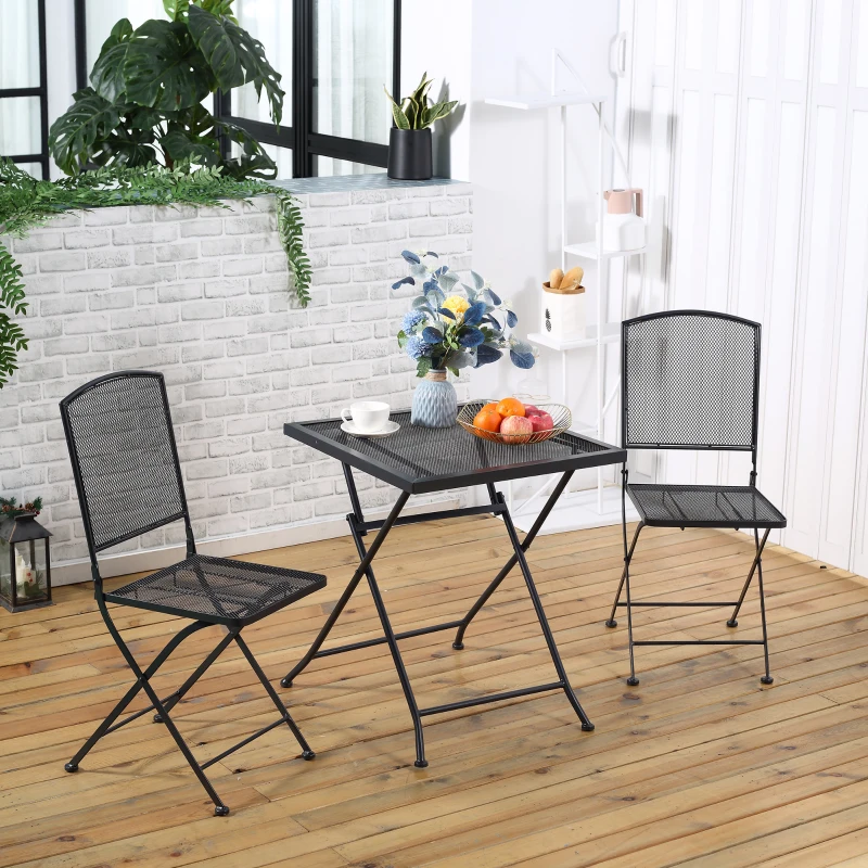 Outsunny Garten Sitzgruppe für 2 Personen Bistro-Set Garnitur 1 Tisch+2 faltbare Stühle für Terrasse Balkon Metall Grau
