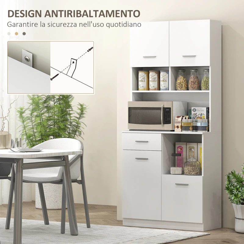 HOMCOM Mobile Dispensa in Legno con Cassetto, 4 Armadietti e 3 Ripiani Aperti, 80x35x180 cm, Bianco