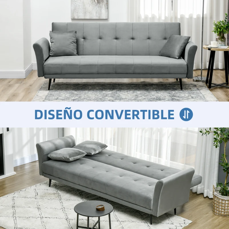 HOMCOM Sillón Cama Sofá Cama de 3 Plazas con Respaldo Ajustable de 3 Niveles y 2 Almohadas Acolchadas Carga 360 kg Gris