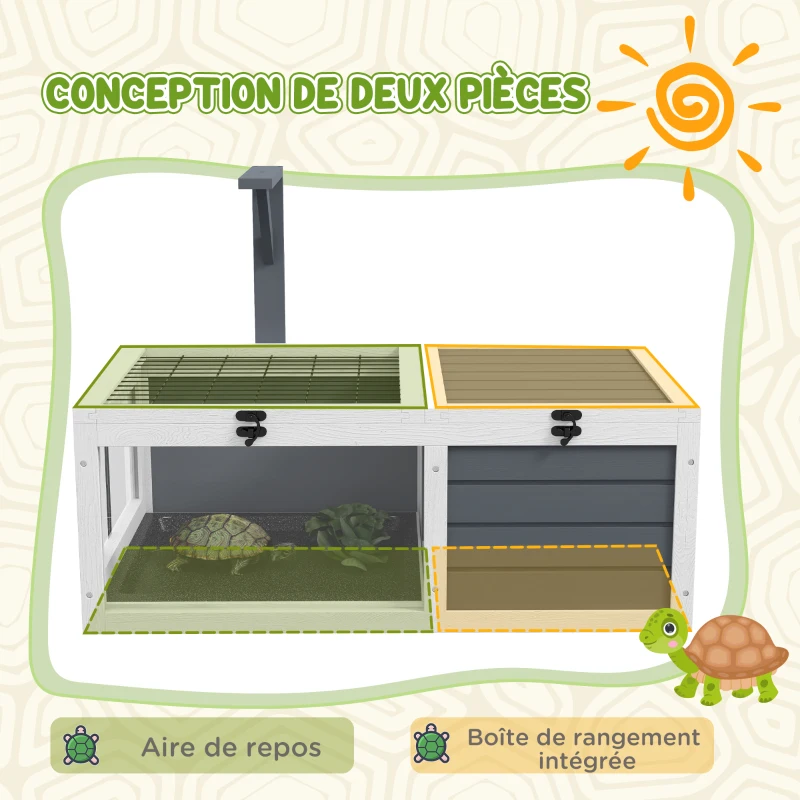 PawHut Maison enclos cage pour petit animal tortue avec 2 espaces support de lampe 81 x 48 x 31,5 cm gris