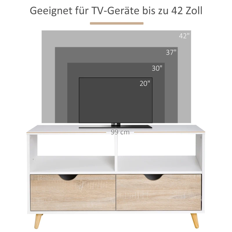 HOMCOM TV-Schrank, TV-Kommode mit Schubladen, Offene Regale, Holz, 99 x 39 x 58 cm, Weiß