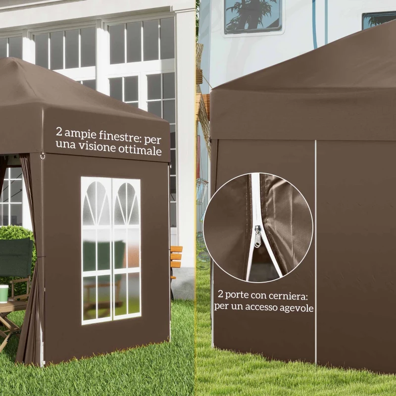 Outsunny Gazebo 2x2 m Pieghevole con 4 Pareti Rimovibili e Borsa da Trasporto, in Metallo e Poliestere, Marrone
