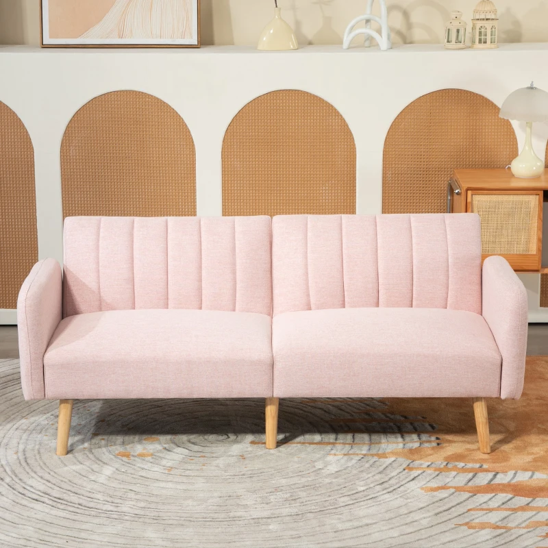 HOMCOM Sofá Cama de 2 Plazas Tapizado en Lino Sintético con Respaldo Ajustable y Reposabrazos Desmontables 173x75x73 cm Rosa(m-8)