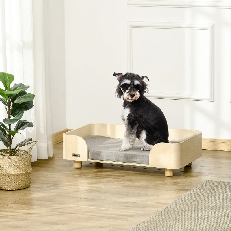 Pawhut Haustiersofa Hundematte Katzensofa Hundecouch Hundebett mit Kissen Indoor modernes Sofa für kleine und mittelgroße Hundesofa Kiefernholz Natur+Hellgrau 75,5 x 45,7 x 21 cm