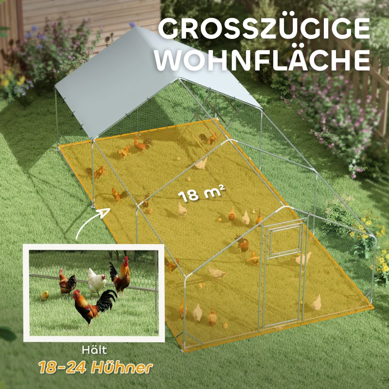 PawHut Hühnerstall, Freilaufgehege für Hühner, mit UV-beständiger Plane, Stahlgitter, Futterautomat, für 18-24 Hühner(m-4)