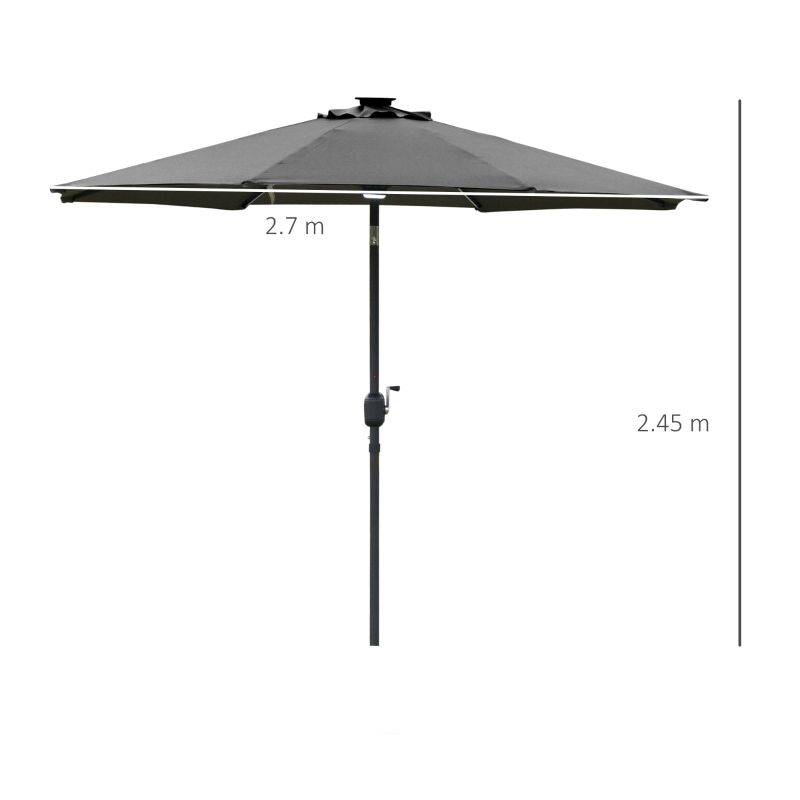 Outsunny 2.7m Garden Parasol Sun Umbrella w/ LED Solar Light Angled Canopy Grey