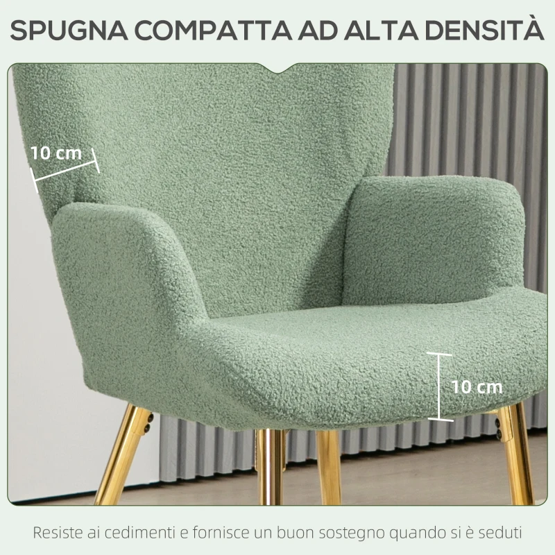 HOMCOM Sedia per Soggiorno con Schienale Alto in Acciaio e Tessuto Effetto Sherpa, 73x68x111 cm, Verde e Oro