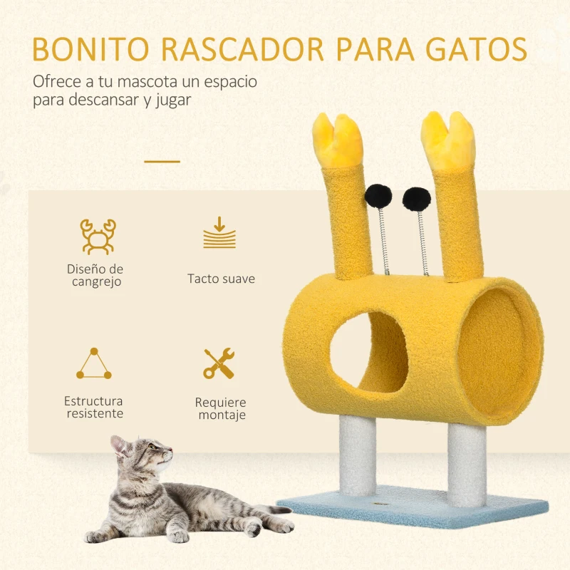 PawHut Rascador para Gatos con Forma de Cangrejo Túnel para Gatos con Orificio y Bolas de Muelle 40x29x72 cm Amarillo