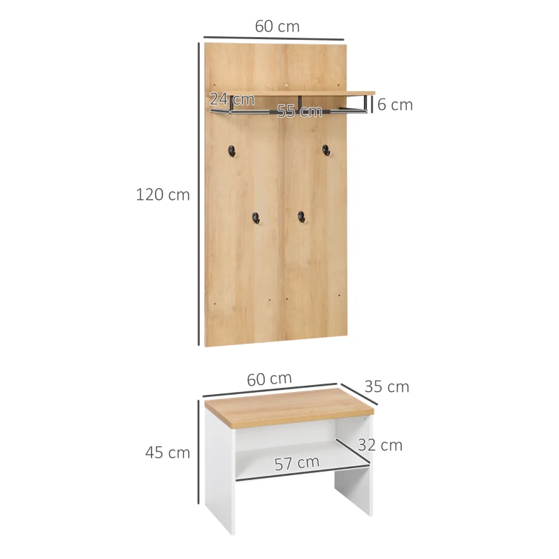 HOMCOM Mobile da Ingresso con Scarpiera Bassa, Panca e Appendiabiti da 4 Ganci in Truciolato e Acciaio, 60x28x120 cm