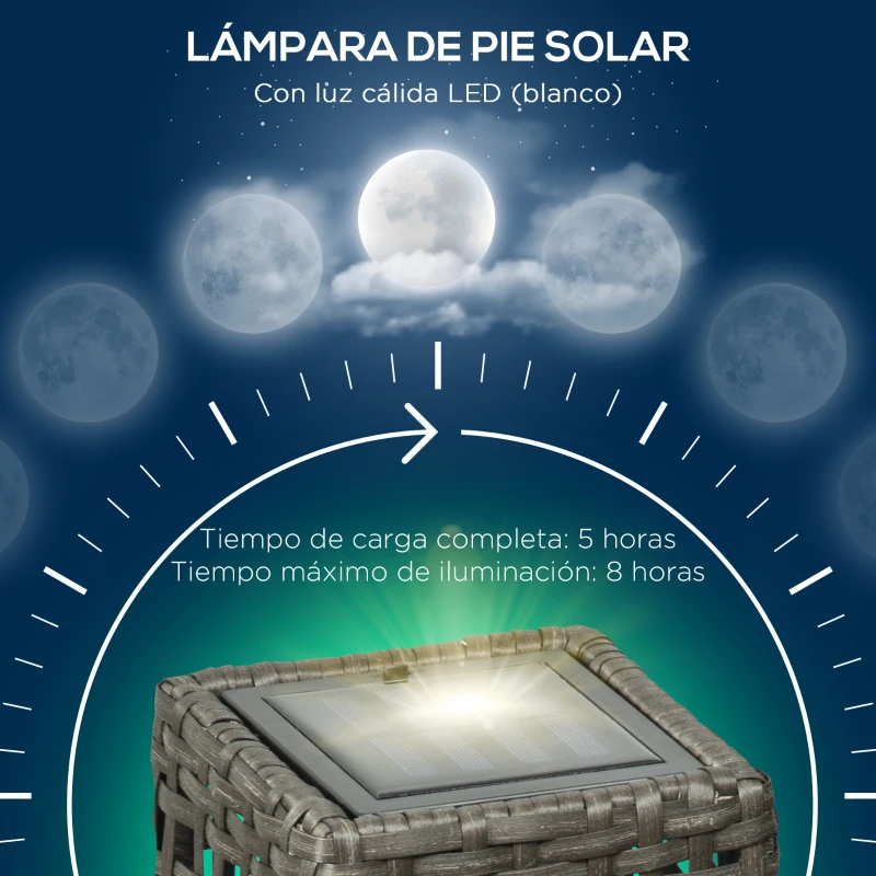 Outsunny Lámpara Solar de Jardín de Ratán Sintético con Luces LED Encendido/Apagado Automático 17x17x46 cm Gris
