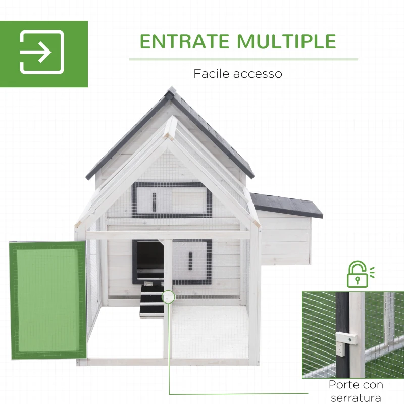 PawHut Gabbia per Galline con Corsa Tetto Impermeabile da Giardino, Pollaio per Galline Ovaiole da Esterno in Legno 166 x 124 x 112 cm