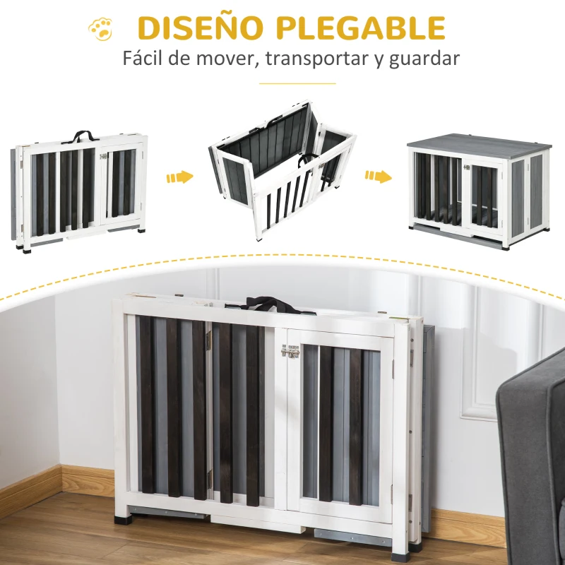 PawHut Jaula para Perros Plegable Mueble Perrera de Madera con Techo Abatible y Bandeja Extraíble 84,5x51,4x61 cm Gris