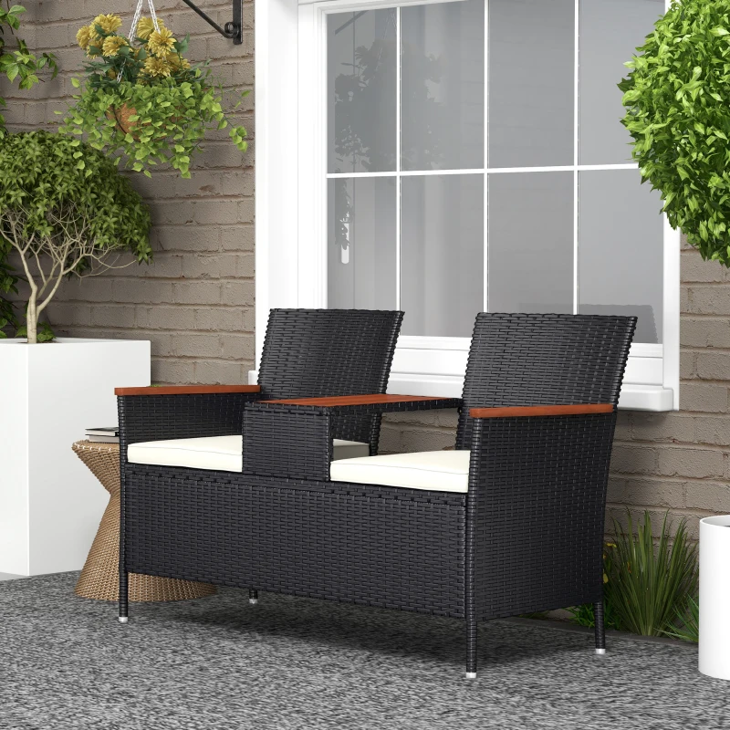 Outsunny Two-Seat Rattan Loveseat, with Wood-Top Middle Table - Black