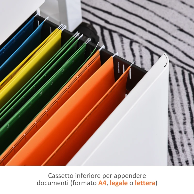 Vinsetto Cassettiera da Ufficio 3 Cassetti in Acciaio con Serratura e Rotelle, 39x48x59cm, Bianco