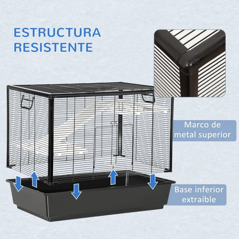 PawHut Jaula Pequeña para Roedores 80x48x58 cm Jaula para Hámster con 2 Puertas 2 Rampas 2 Plataformas Comedero y 2 Asas Portátil para Cobayas Ratoncillos Negro