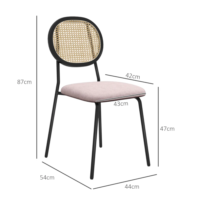 HOMCOM Pack de 2 Sillas de Comedor con Respaldo de Ratán Sintético y Marco de Acero para Salón 44x54x87 cm Rosa y Negro