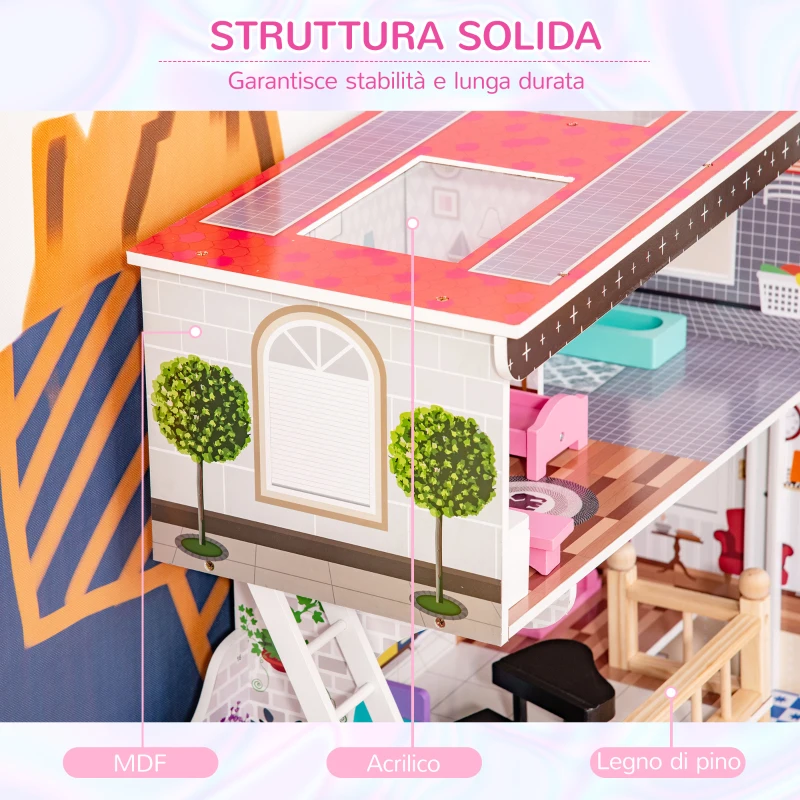 HOMCOM Casa delle Bambole in Legno a 3 Piani con Ascensore e Accessori, per Bambini 3-6 Anni, 60x30x80 cm, Rosa