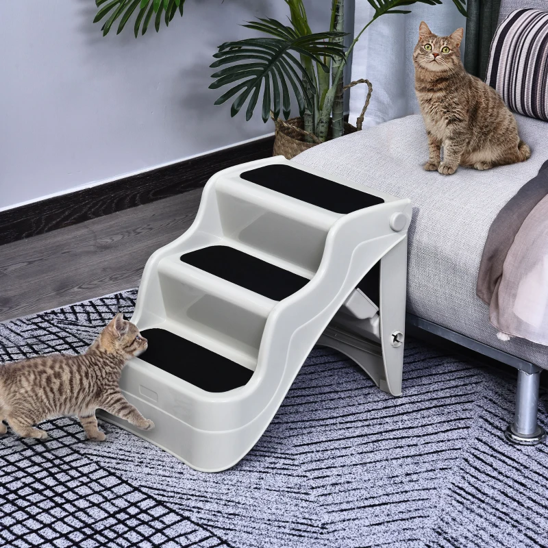 PawHut Escalier pour chien animaux pliable 3 marches antidérapant pliable portable charge max. 15 Kg 49L x 39l x 39H cm plastique crème