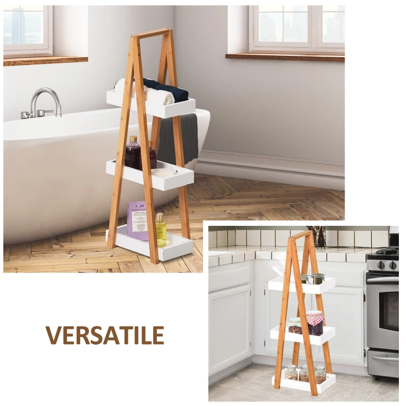 Kleankin Scaffale Bagno 3 Ripiani in MDF e Bambù, 30x18x81cm, Colore Legno e Grigio