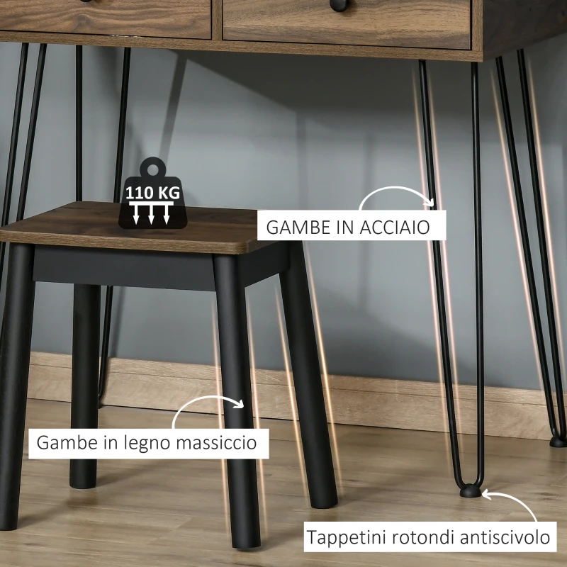 HOMCOM Set Tavolo per Trucco con Sgabello e Specchio Makeup, in Legno e Metallo, Color Noce