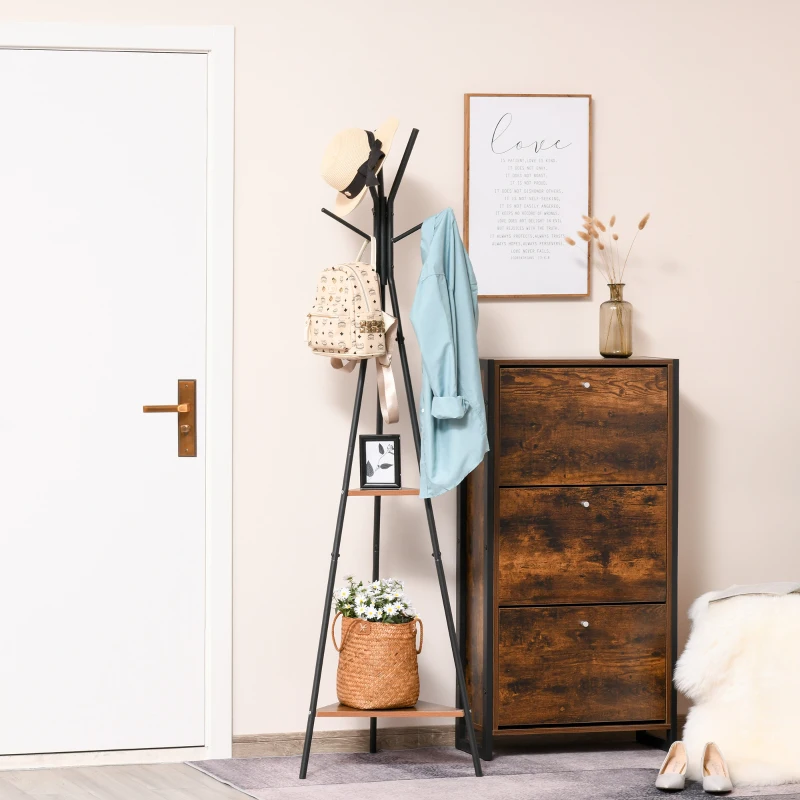 HOMCOM Porte-manteau trépied style industriel branches 2 étagères + 6 patères dim. 52L x 46l x 182H cm métal noir panneaux particules boisés