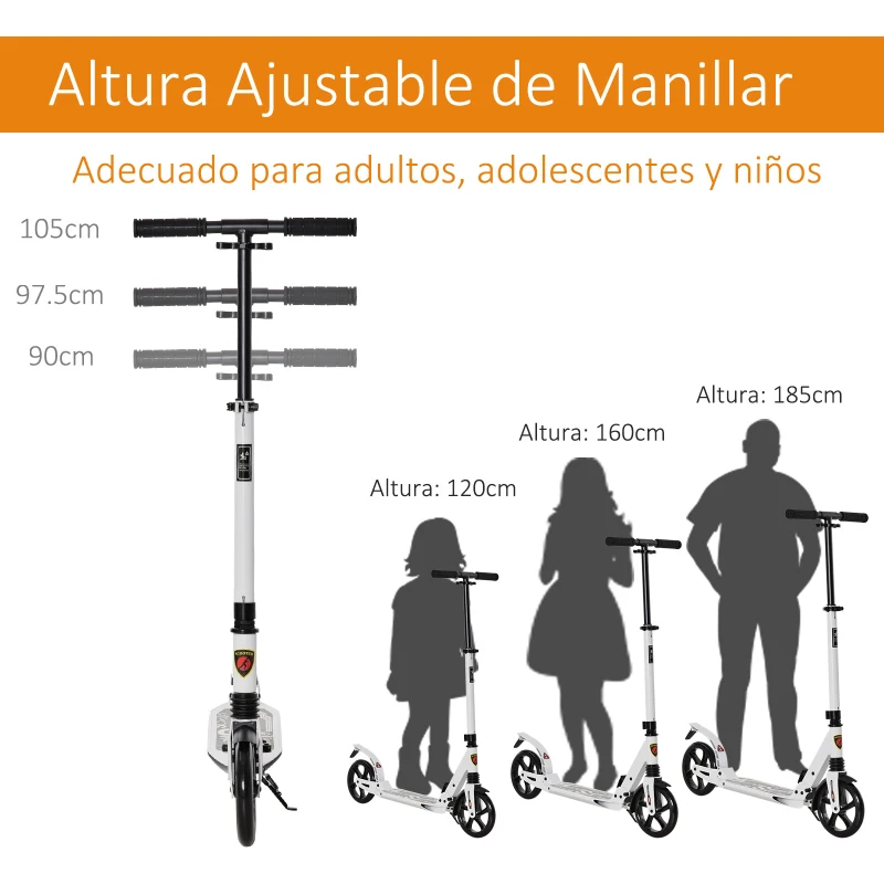 HOMCOM Patinete Plegable Scooter con Manillar Altura Ajustable Patinete Ligero para Adultos y Niños (más de 14 años) Tipo Monopatín con Tubo de Aluminio Freno Grandes Ruedas Ø200 mm Carga 100kg