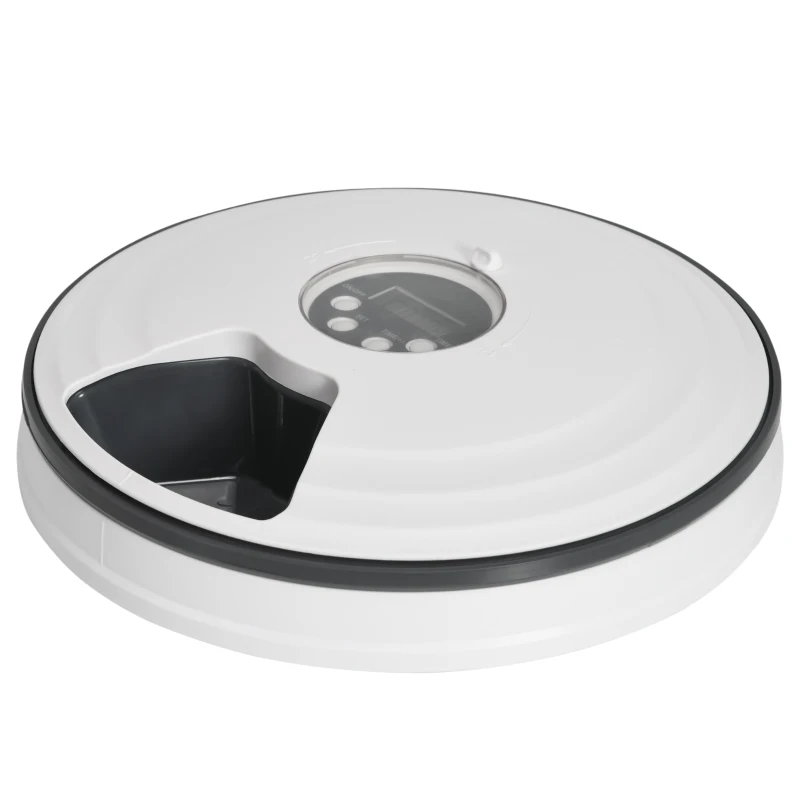 PawHut Distributeur de nourriture pour animaux de compagnie intelligent gamelle d'alimentation mangeoire automatique pour chien et chat 6 compartiments fonction de musique minuterie blanc gris