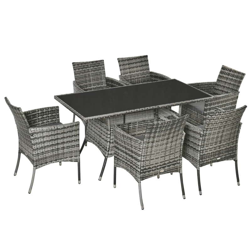 Outsunny Ensemble Salon de Jardin 6 Personnes - Grande Table rectangulaire, 6 fauteuils - 6 Coussins d'assise déhoussables Inclus - métal époxy Verre trempé 5 mm résine tressée Grise