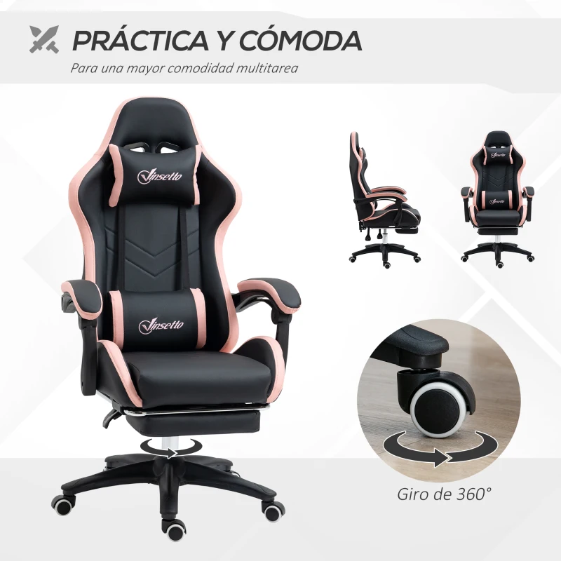 Vinsetto Silla Gaming Silla Gamer de Cuero PU Reclinable 135° Reposacabezas y Reposapiés 65x65x121-129 cm Negro y Rosa