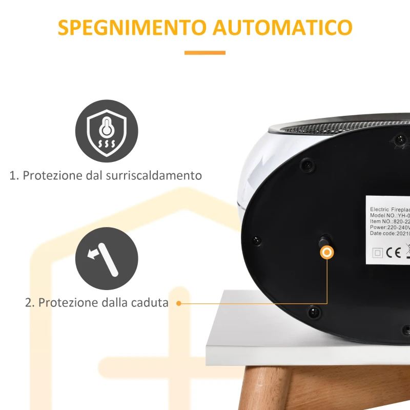 HOMCOM Camino Elettrico con Effetto Fiamma Ruotabile e Portatile, Potenza 1500W, Copertura 10-15m², 30.5x18x35cm, Bianco