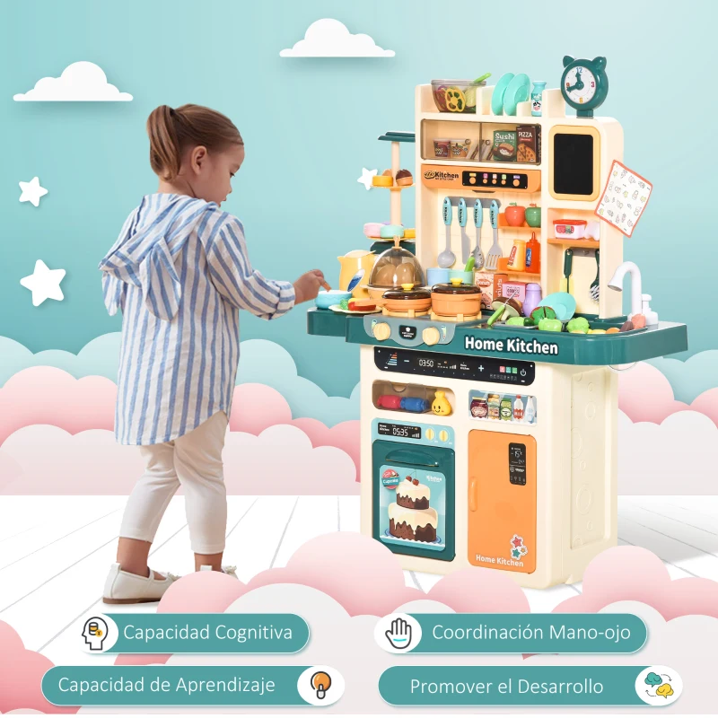 HOMCOM Cocina de Juguete para Niños de +3 Años con 113 Accesorios Luz Sonidos Agua Vapor Pizarra Fregadero Incluidos Cocinita Infantil Educativa 70x32x92,2 cm Multicolor