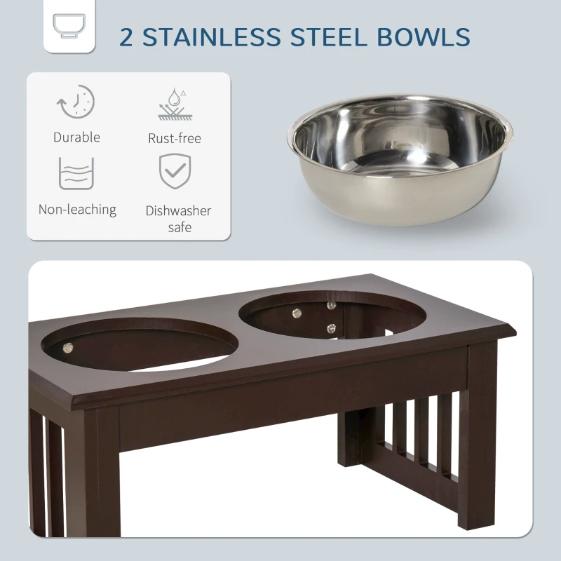 PawHut Raised Dog Feeding Bowls with Stand, Stainless Steel for Extra Small and Small Dog, 44L x 24W x 15H cm - Brown