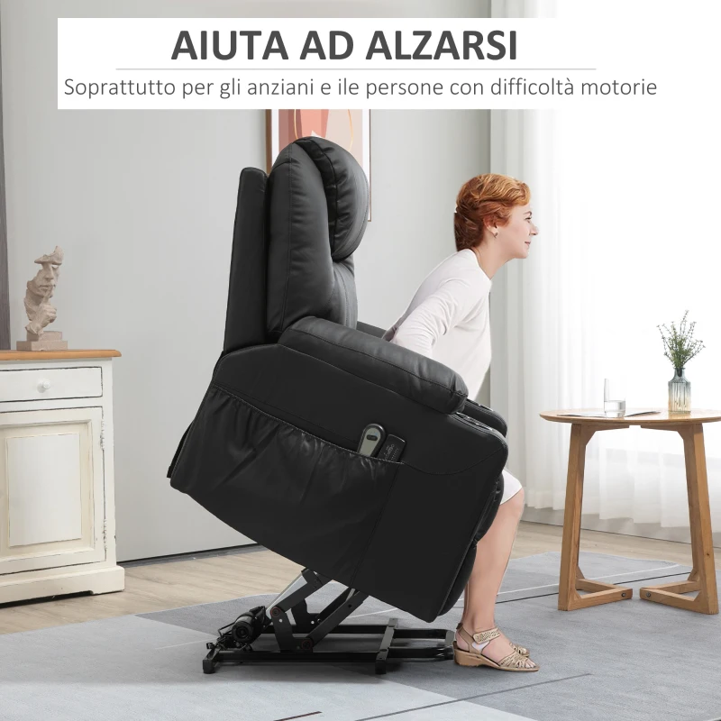HOMCOM Poltrona Alzapersona Reclinabile max 135° con 8 Punti Massaggianti e Poggiapiedi, 88x92x106 cm, Nero