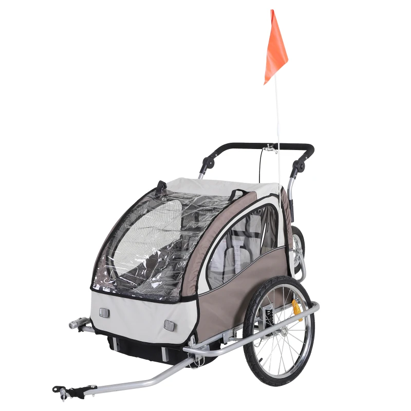 HOMCOM Remolque Infantil 2 Plazas para Bicicleta 2en1 Convertible en Carrito con Reflectores Cinturón 5 puntos Beige y Marrón