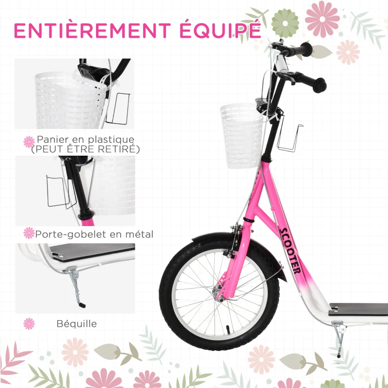 HOMCOM Trottinette patinette Enfant Grandes Roues pneumatiques Guidon réglable Frein AV-AR Garde-Boue béquille Panier métal Rose Blanc