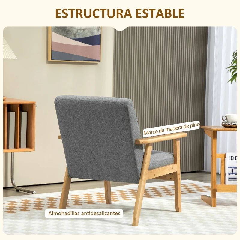 HOMCOM Butaca de Salón Tapizada en Lino con Reposabrazos y Marco de Madera de Caucho Carga 130 kg Gris Claro